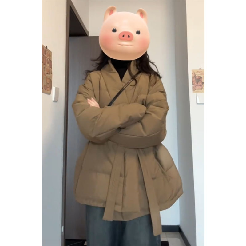 大码胖mm美拉德棉服女冬季新款系带V领面包服显瘦加厚棉衣外套潮 - 图2