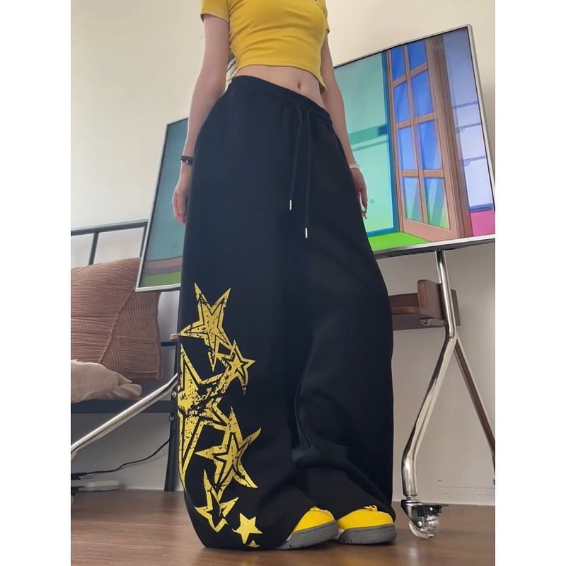 大码美式复古星星印花休闲裤女2026宽松直筒阔腿长裤子潮牌拖地裤,淘宝优惠券,粉丝福利购,淘宝优惠卷
