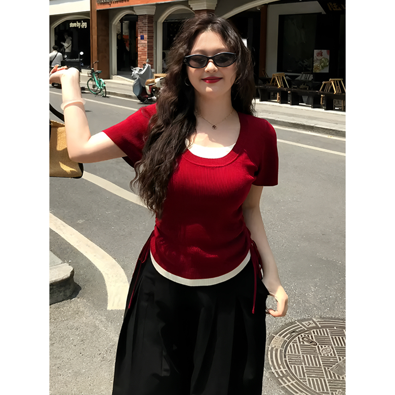 大码胖MM假两件撞色拼接抽褶短袖t恤女夏季新款掐腰修身显瘦上衣 - 图0