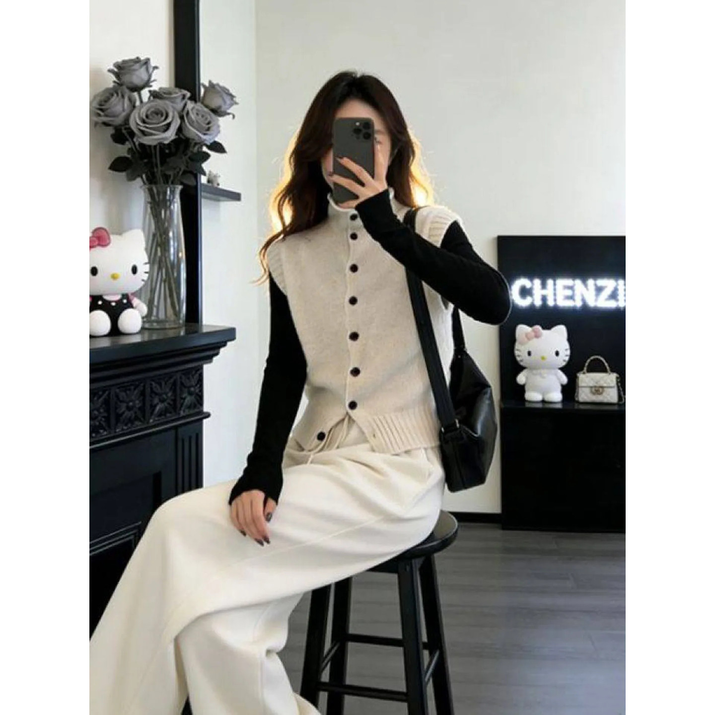 韩系高领单排扣无袖针织马甲女秋冬内搭修身T恤时尚极简风两件套,淘宝优惠券,粉丝福利购,淘宝优惠卷