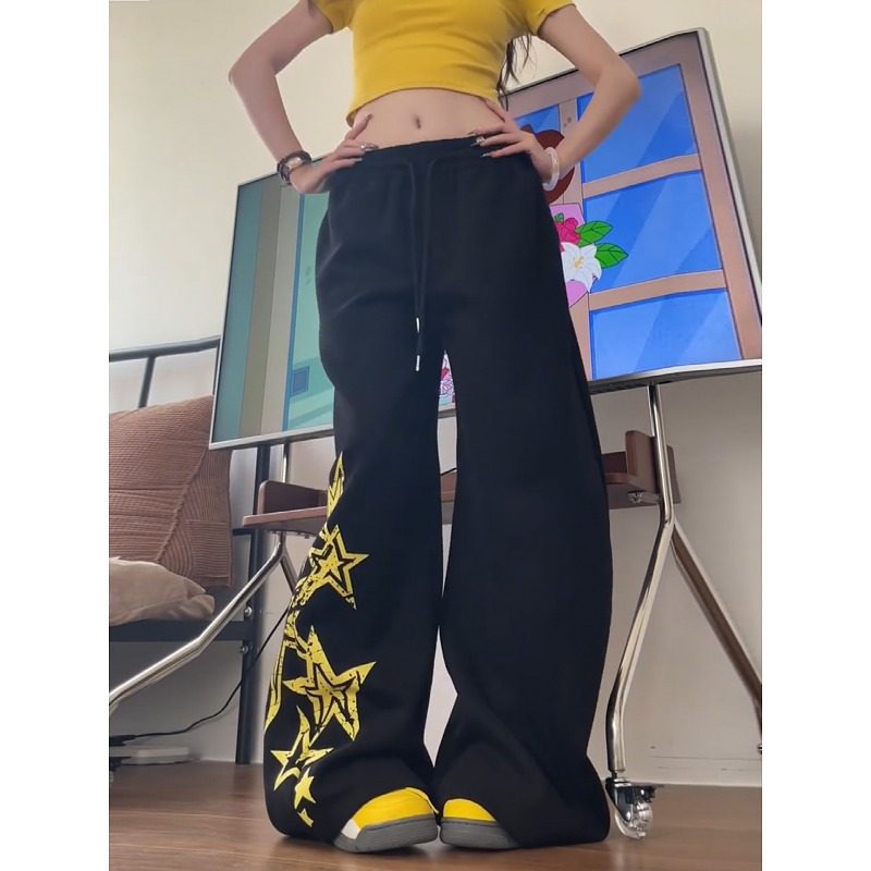 大码美式复古星星印花休闲裤女2026宽松直筒阔腿长裤子潮牌拖地裤,淘宝优惠券,粉丝福利购,淘宝优惠卷