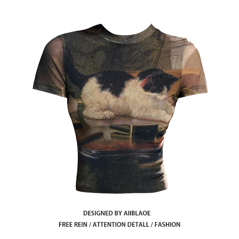 大码美式辣妹小猫印花正肩短袖T恤女夏季设计感修身显瘦短款上衣,淘宝优惠券,粉丝福利购,淘宝优惠卷