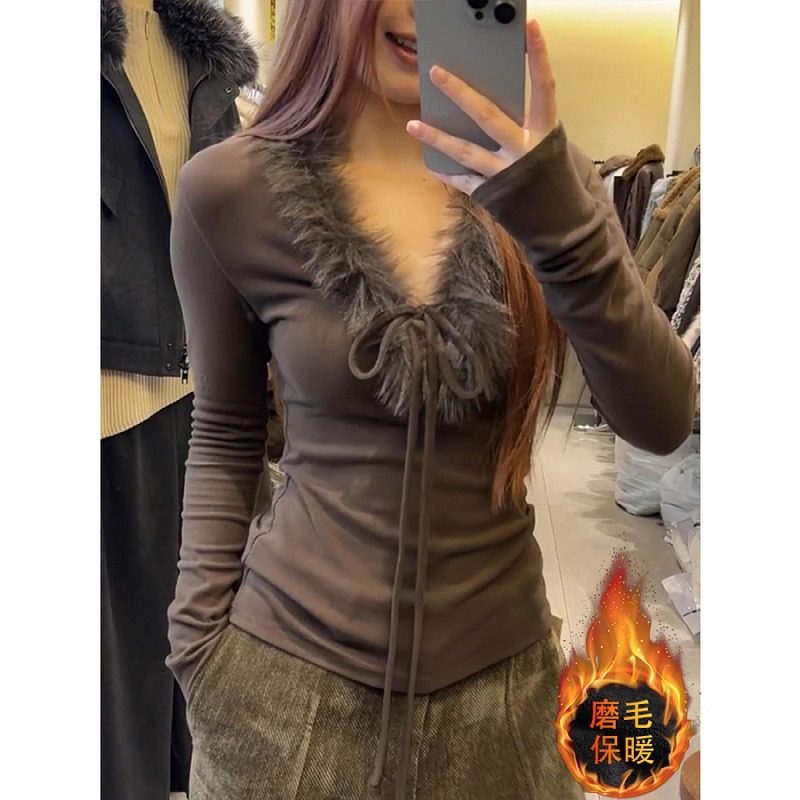 大码胖mm韩系毛毛领系带T恤女秋冬季新款加绒磨毛打底衫气质上衣,淘宝优惠券,粉丝福利购,淘宝优惠卷