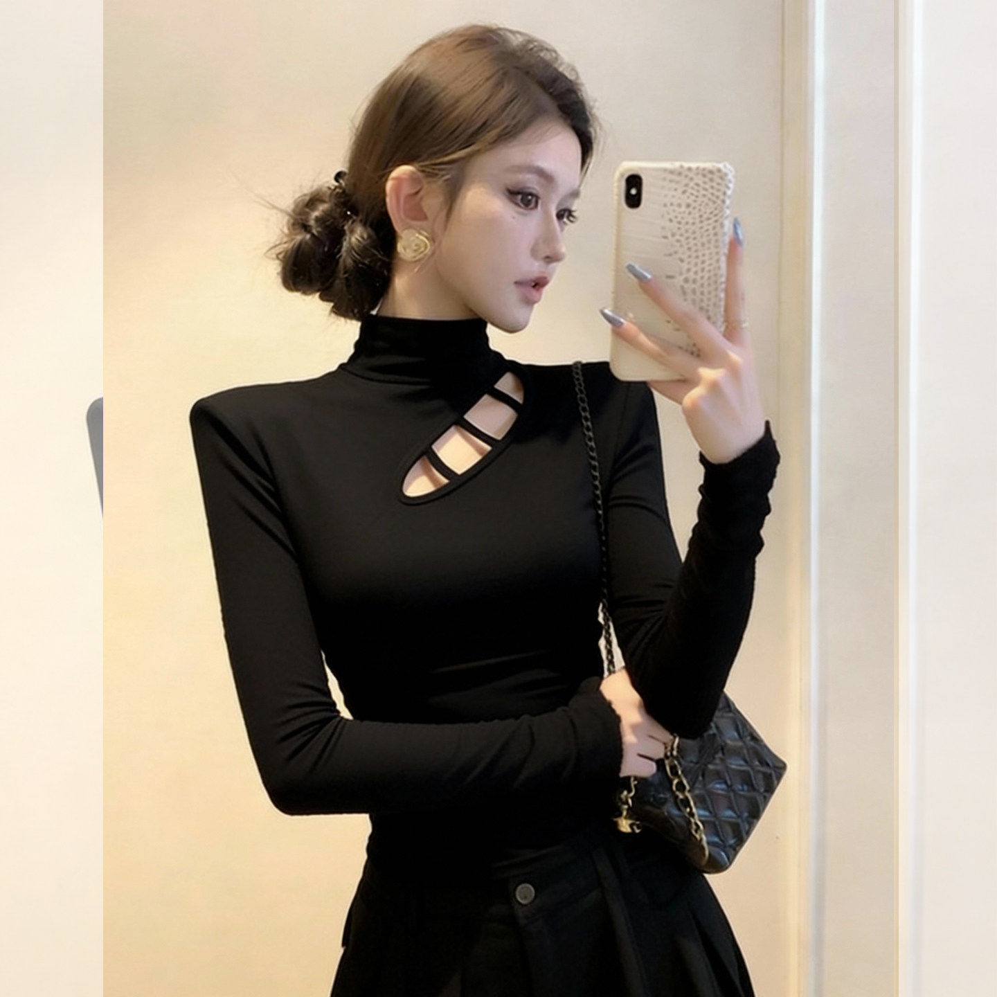 大码胖mm设计感镂空半高领打底衫T恤女秋冬加绒磨毛辣妹长袖上衣,淘宝优惠券,粉丝福利购,淘宝优惠卷