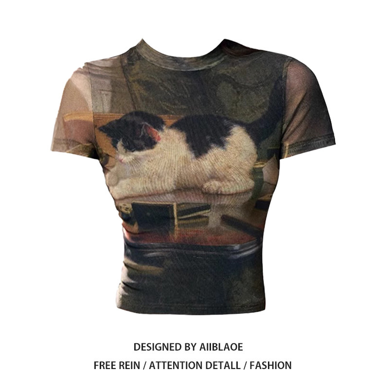大码美式辣妹小猫印花正肩短袖T恤女夏季设计感修身显瘦短款上衣,淘宝优惠券,粉丝福利购,淘宝优惠卷