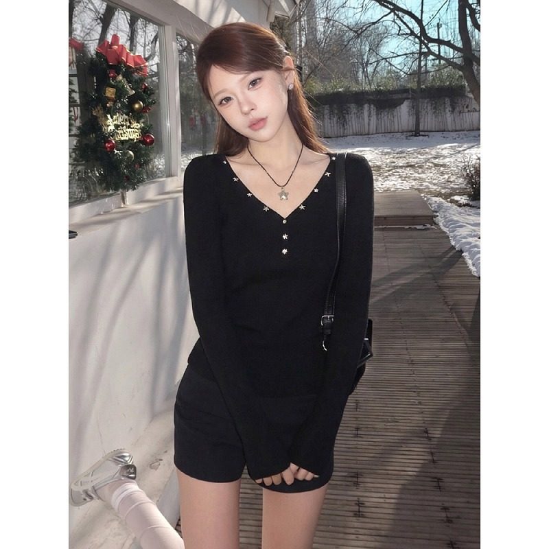 大码辣妹风长袖t恤女星星装饰修身显瘦小众不撞款打底衫内搭上衣,淘宝优惠券,粉丝福利购,淘宝优惠卷