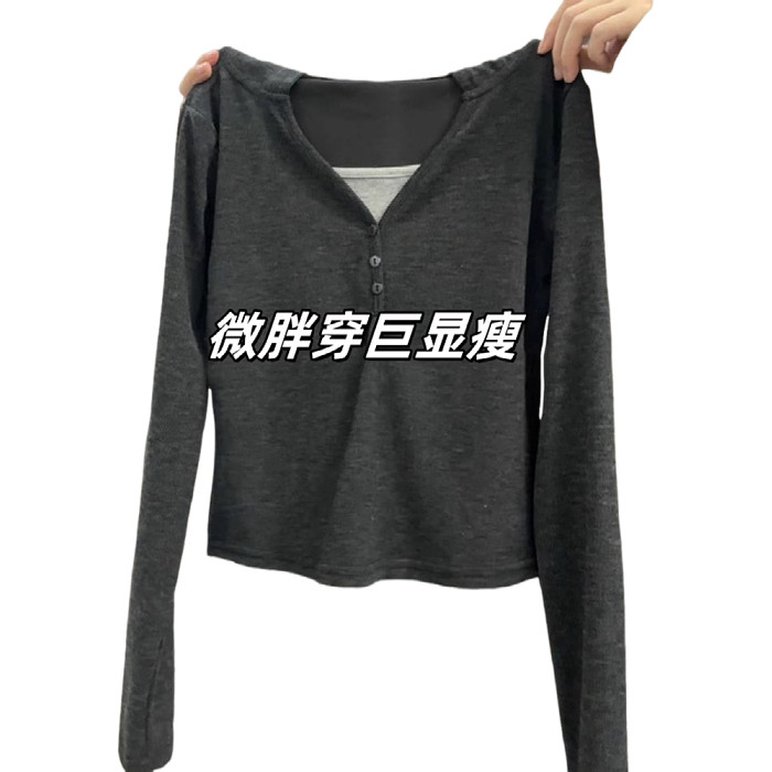 大码假两件正肩长袖t恤女微胖mm秋季设计感内搭修身连帽打底上衣,淘宝优惠券,粉丝福利购,淘宝优惠卷