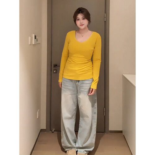 大码胖mm正肩V领纯色长袖T恤打底衫女内搭显瘦气质秋季百搭感上衣 - 图2