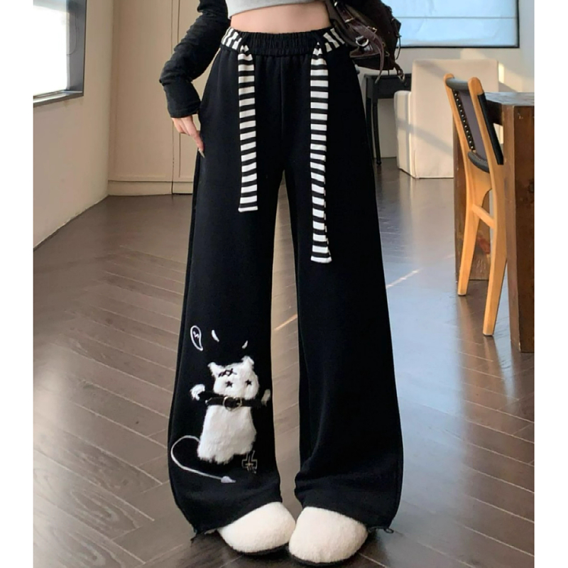 大码美式猫咪加绒加厚休闲卫裤子女装秋冬季新款亚文化阔腿运动裤 - 图1