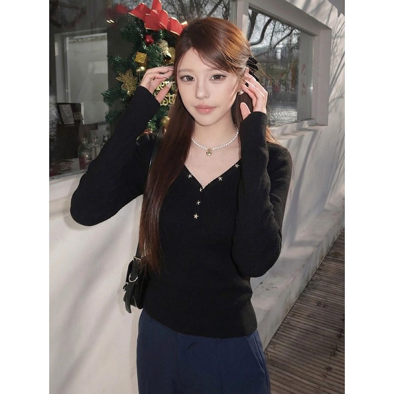 大码辣妹风长袖t恤女星星装饰修身显瘦小众不撞款打底衫内搭上衣,淘宝优惠券,粉丝福利购,淘宝优惠卷