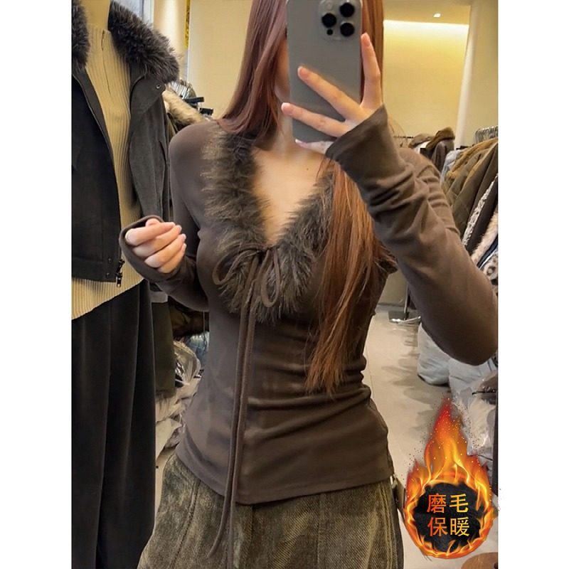 大码胖mm韩系毛毛领系带T恤女秋冬季新款加绒磨毛打底衫气质上衣,淘宝优惠券,粉丝福利购,淘宝优惠卷