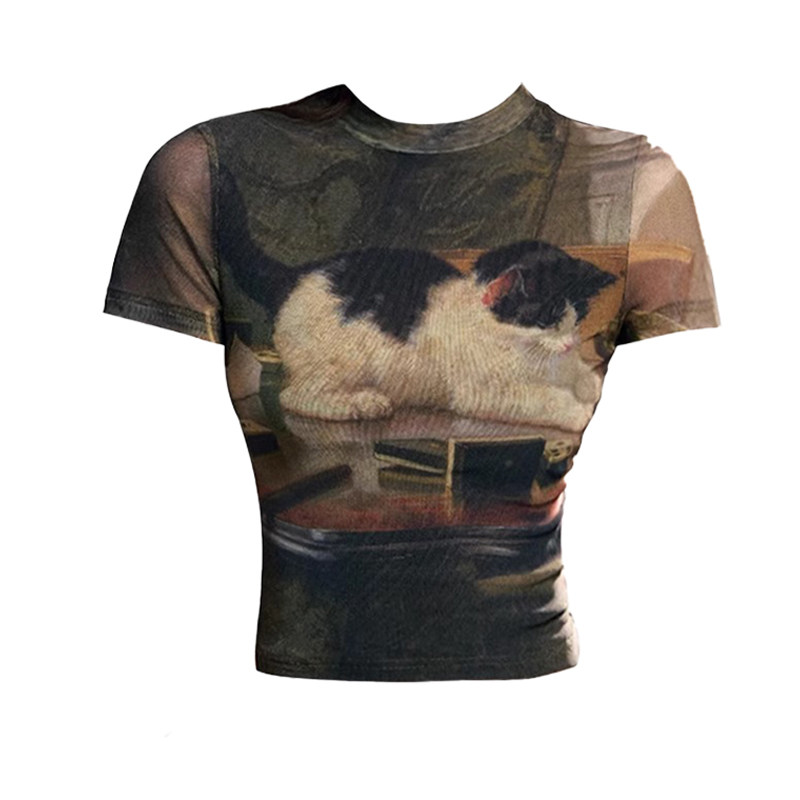 大码美式辣妹小猫印花正肩短袖T恤女夏季设计感修身显瘦短款上衣,淘宝优惠券,粉丝福利购,淘宝优惠卷