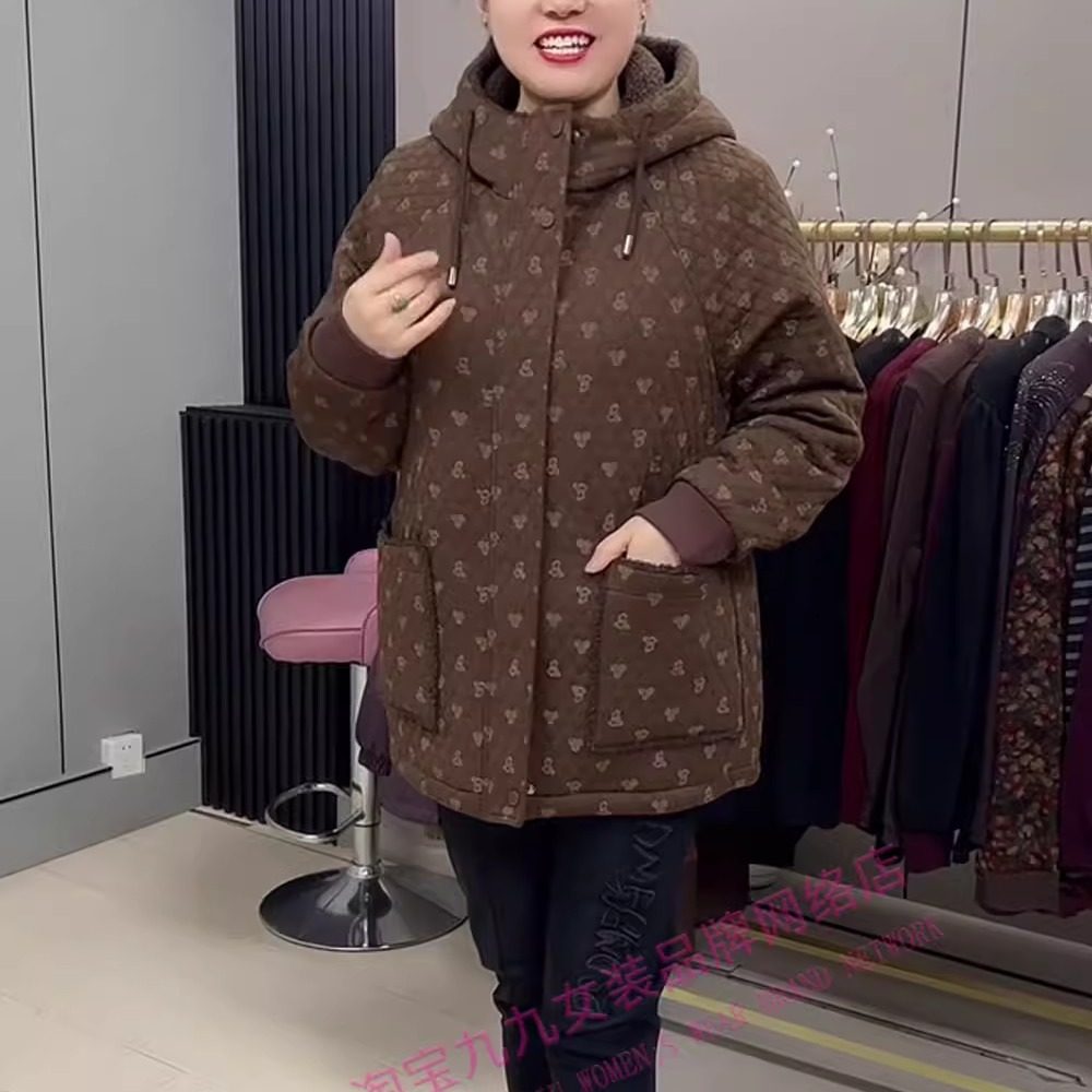 韩版连帽中老年妈妈棉服过冬大码休闲印花宽松百搭休闲保暖外套,淘宝优惠券,粉丝福利购,淘宝优惠卷
