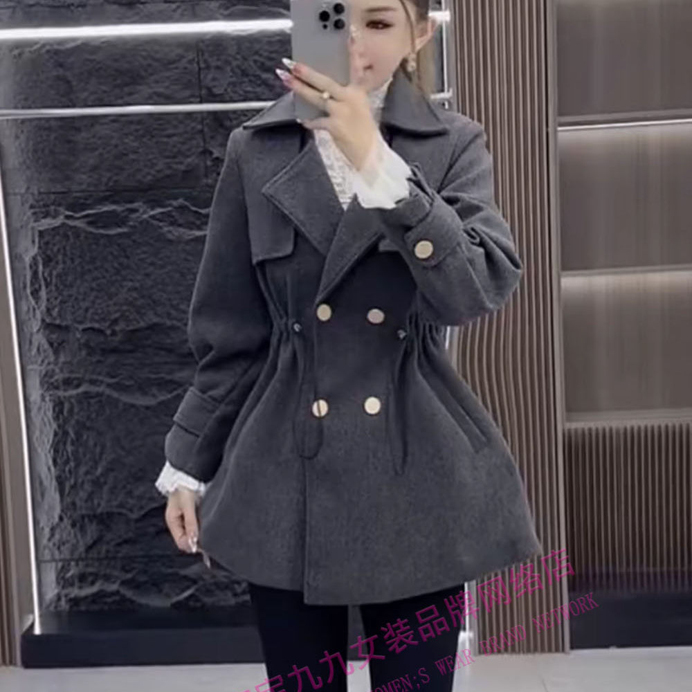 复古双排扣毛呢外套女中长款束腰收腰呢子大衣小个子秋冬,淘宝优惠券,粉丝福利购,淘宝优惠卷