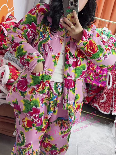 加厚盘扣对襟东北大花棉袄男女可穿冬季网红时尚民族风棉衣外套 - 图1