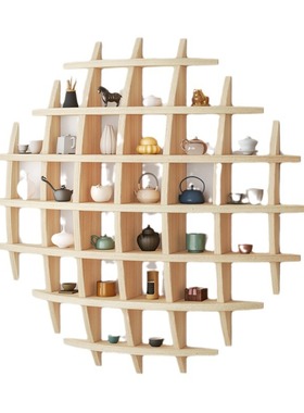 中式茶室客厅样板间书房实木茶具茶杯套装壁挂式高级博古架置物架