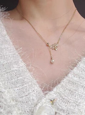 2022新款简约桃心四叶草珍珠流苏吊坠气质森系锁骨链个性网红颈链