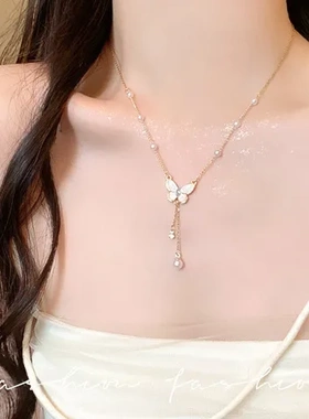 项链蝴蝶时尚钛钢锁骨链配饰品轻奢流苏吊坠女珍珠简约小众感