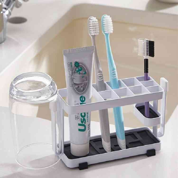 简约金属创意洗漱水杯牙膏牙刷置物架 无痕吸壁式浴室收纳架