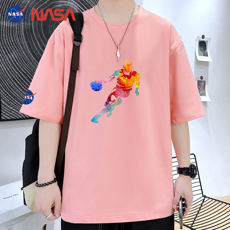 2件】NASA夏季100%纯棉短袖T恤男胖子休闲宽松大码体恤学生半袖衣-图0