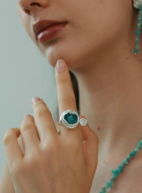 QURIOUSTONE 酒神水罐冰蓝珐琅戒指925银开口可调节 简约高级个性