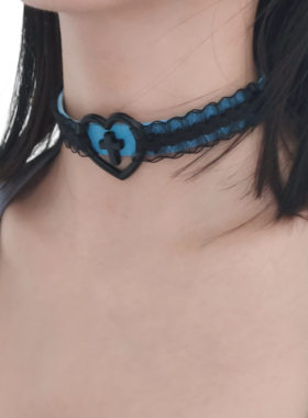 创口光合原创蓝色蕾丝十字架choker小众项圈蝴蝶结纯欲COS项链