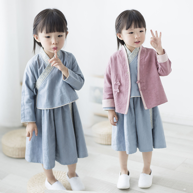 女童汉服中国风套装礼服秋装儿童古装宝宝唐装民族风假两件连衣裙-图0