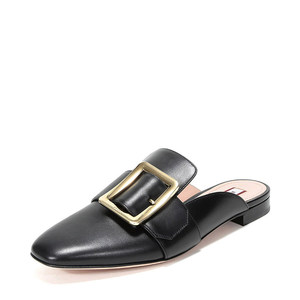 Bally/巴利黑色皮质方形针扣式装饰时尚简约舒适休闲女士拖鞋