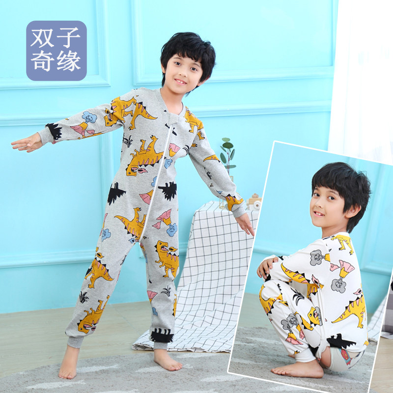 宝宝睡衣秋冬纯棉大码儿童连体衣服如厕拉链家居服3-9岁小孩哈衣5