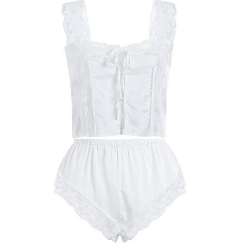 性感睡衣女夏季冰丝蕾丝吊带短裤纯欲套装高级感男友风衬衫可外穿 - 图3