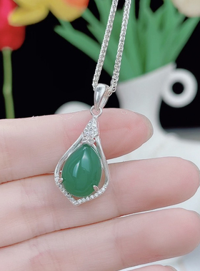 纯银女款绿色水滴项链天然玉髓吊坠韩国韩版饰品时尚简约银饰首饰