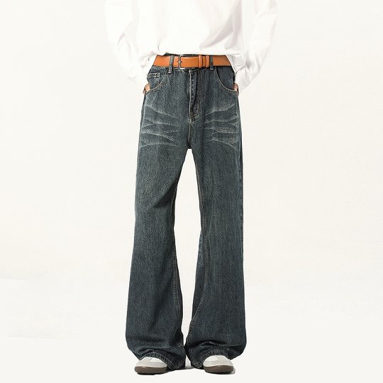 悟空有货cleanfit街头复古浅色牛仔裤男潮牌宽松休闲直筒拖地裤子