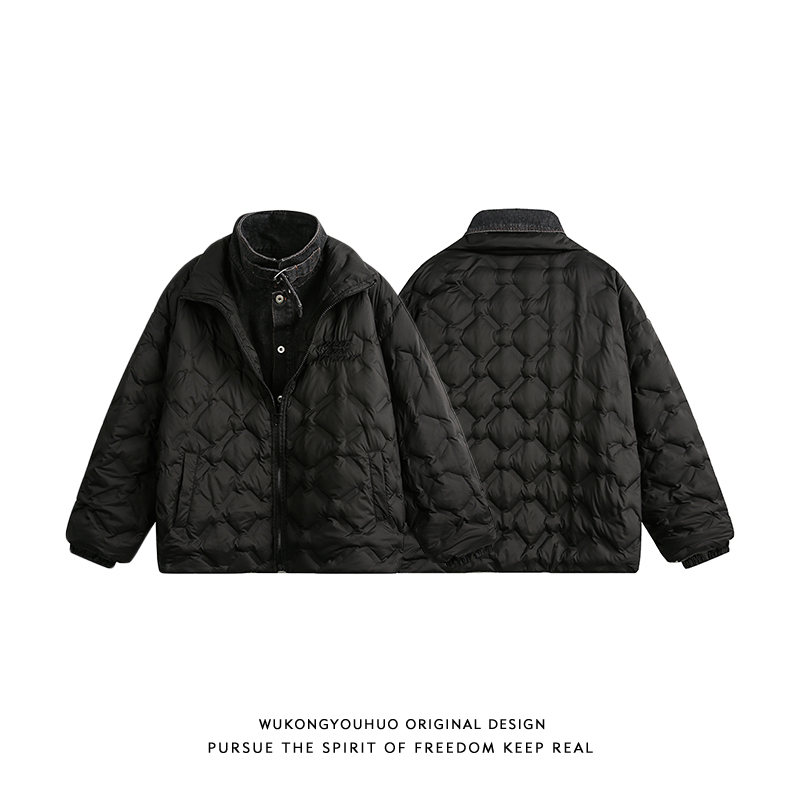 悟空有货复古冬季假两件拼接羽绒服男女潮牌美式情侣鸭绒保暖棉衣 - 图1