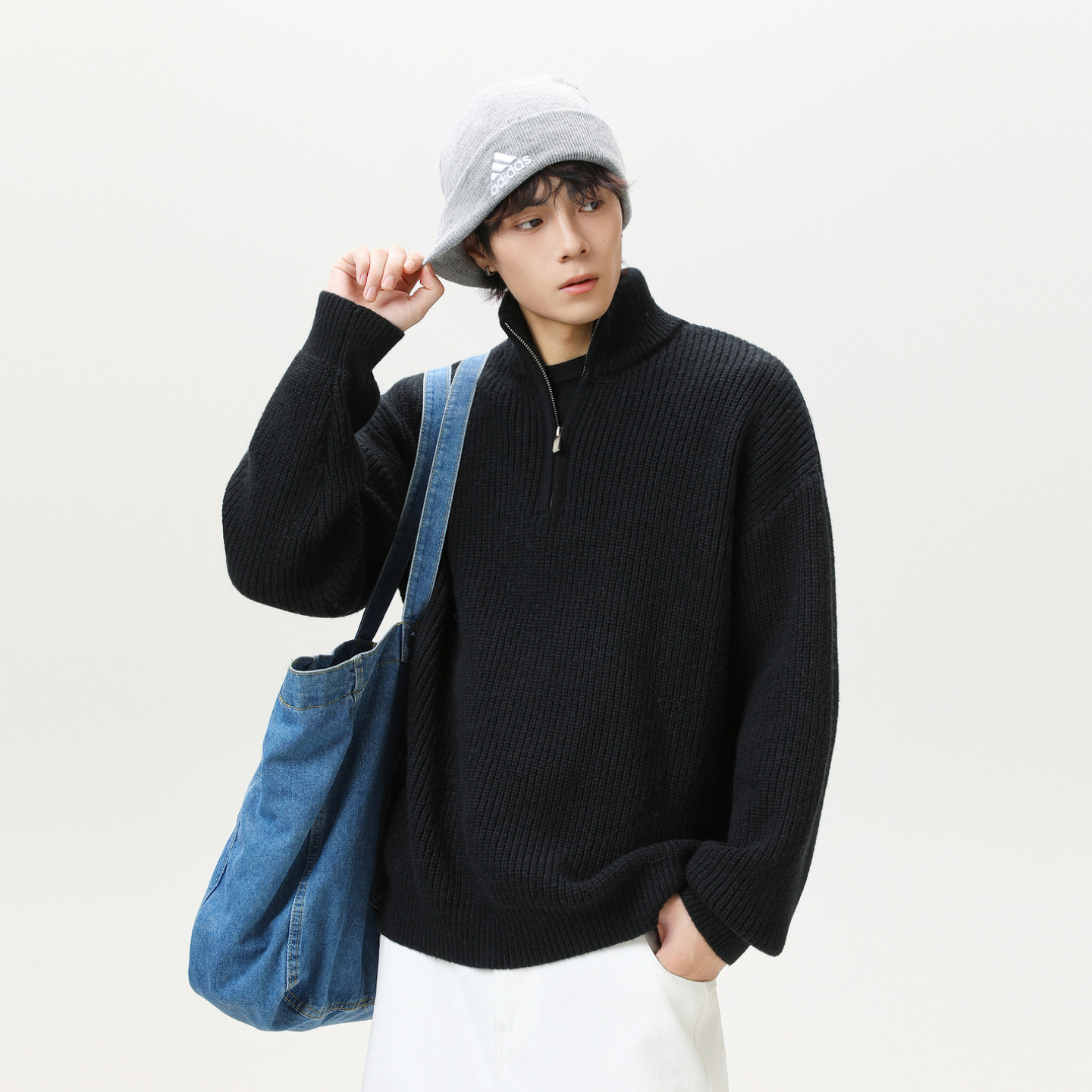 悟空有货潮牌复古纯色半拉链立领毛衣男女秋季潮牌情侣宽松针织衫,淘宝优惠券,粉丝福利购,淘宝优惠卷