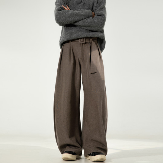 悟空有货老钱风腰带亚麻纹弯刀西裤男松弛感宽松阔腿休闲西装长裤