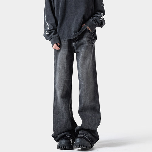 悟空有货美式高街闪电裂纹微喇牛仔裤男潮牌cleanfit水洗直筒长裤 - 图2