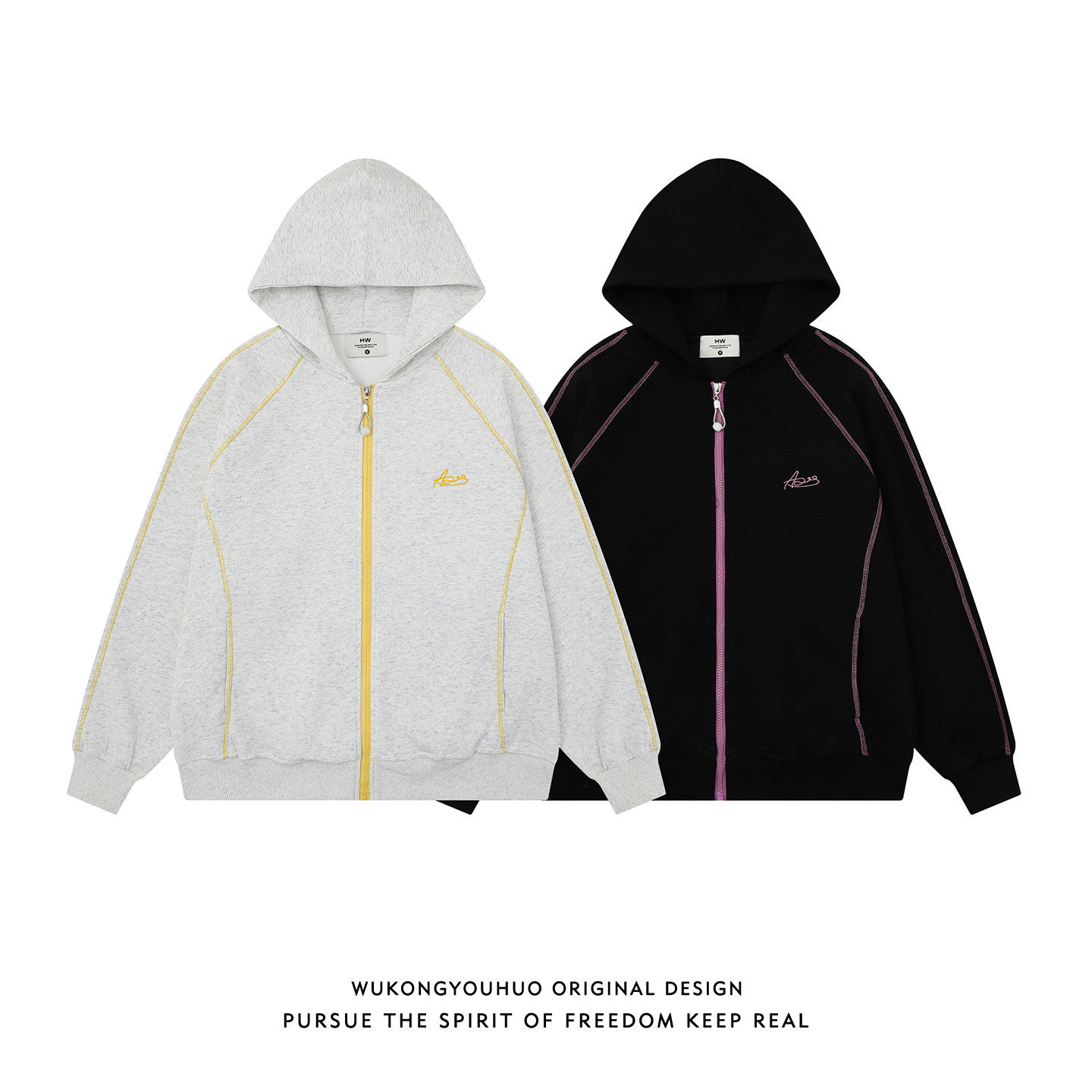 悟空有货美式潮牌简约刺绣撞色连帽卫衣男女复古宽松情侣帽衫外套,淘宝优惠券,粉丝福利购,淘宝优惠卷
