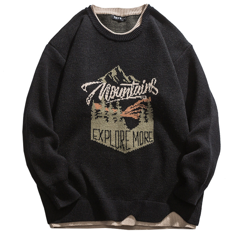 悟空有货美式复古印花假两件圆领针织衫男女潮牌宽松百搭休闲毛衣,淘宝优惠券,粉丝福利购,淘宝优惠卷