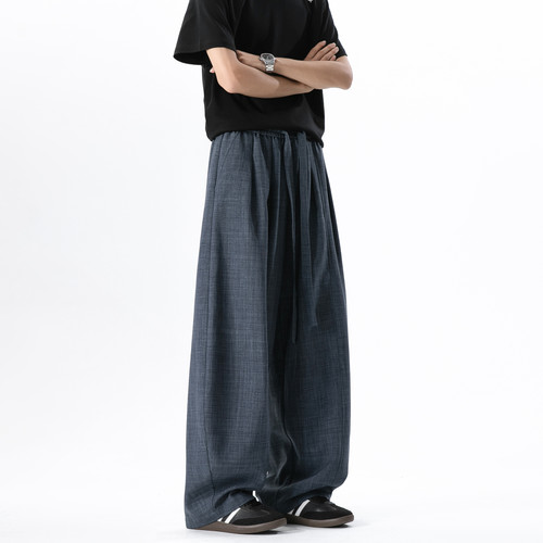 悟空有货潮牌纯色仿麻抽绳松紧弯刀裤男复古宽松基础百搭休闲长裤 - 图2