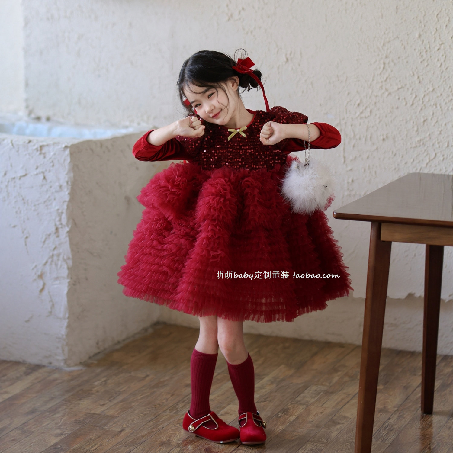 女童红色亮片小香风网纱蛋糕裙公主裙2025冬季女孩生日加绒连衣裙,淘宝优惠券,粉丝福利购,淘宝优惠卷