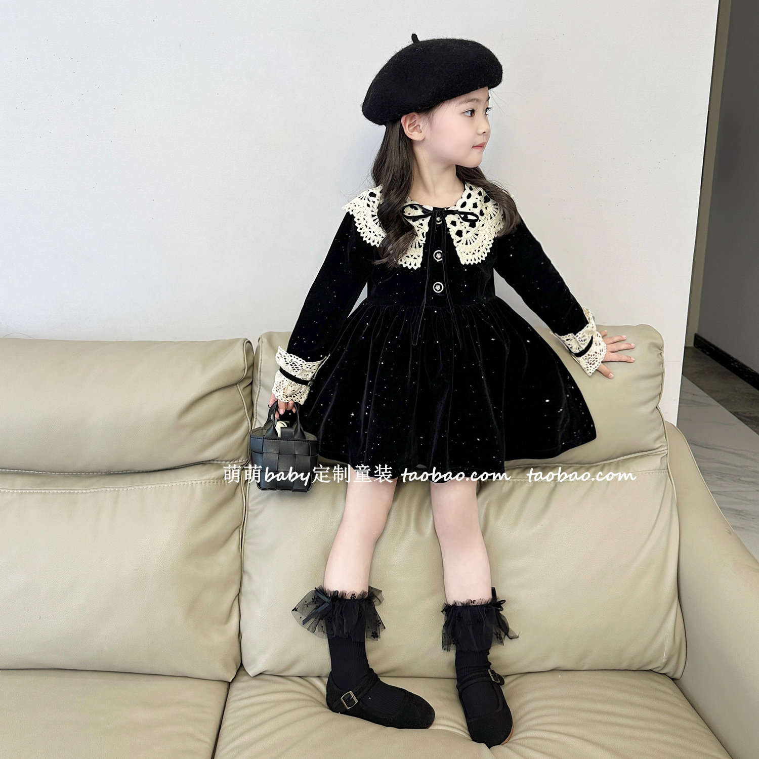 女童加绒闪闪丝绒连衣裙2025秋冬新款儿童宝宝韩版花边领气质裙子,淘宝优惠券,粉丝福利购,淘宝优惠卷