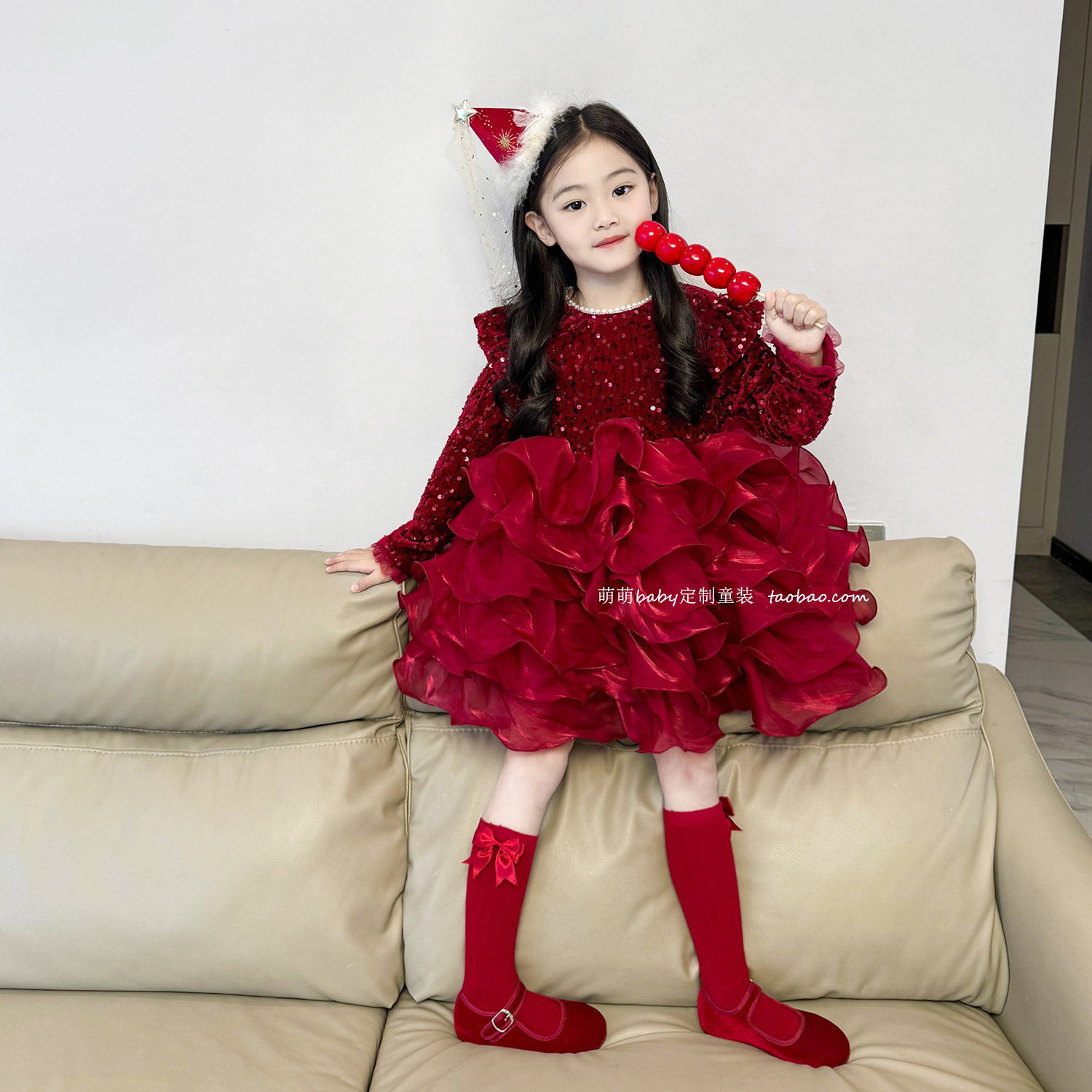 女童加绒红色亮片网纱蓬蓬公主裙2025冬季小女孩气质连衣裙拜年服,淘宝优惠券,粉丝福利购,淘宝优惠卷