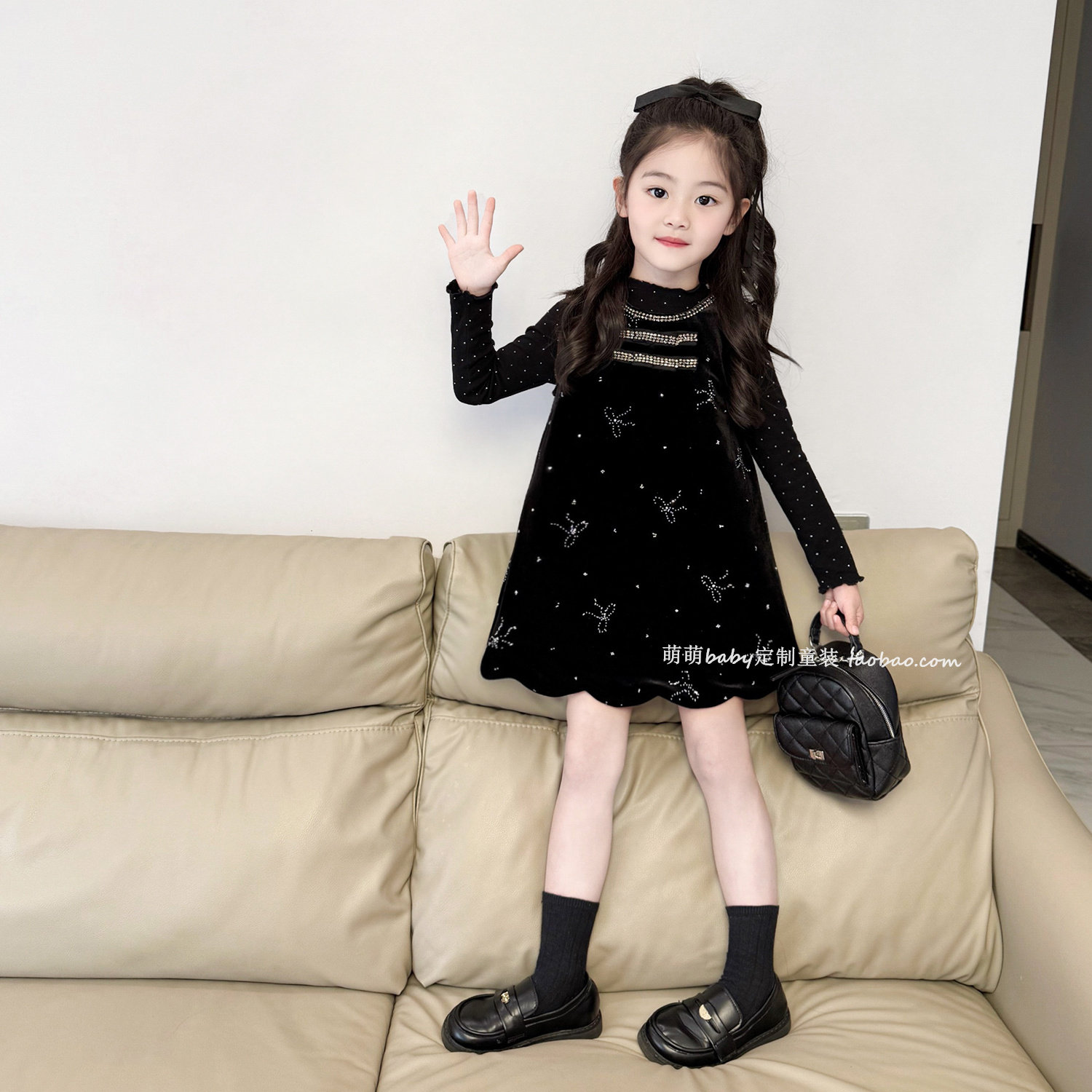 女童小香风闪闪蝴蝶结丝绒夹棉背心裙2025冬季新款女孩公主连衣裙,淘宝优惠券,粉丝福利购,淘宝优惠卷