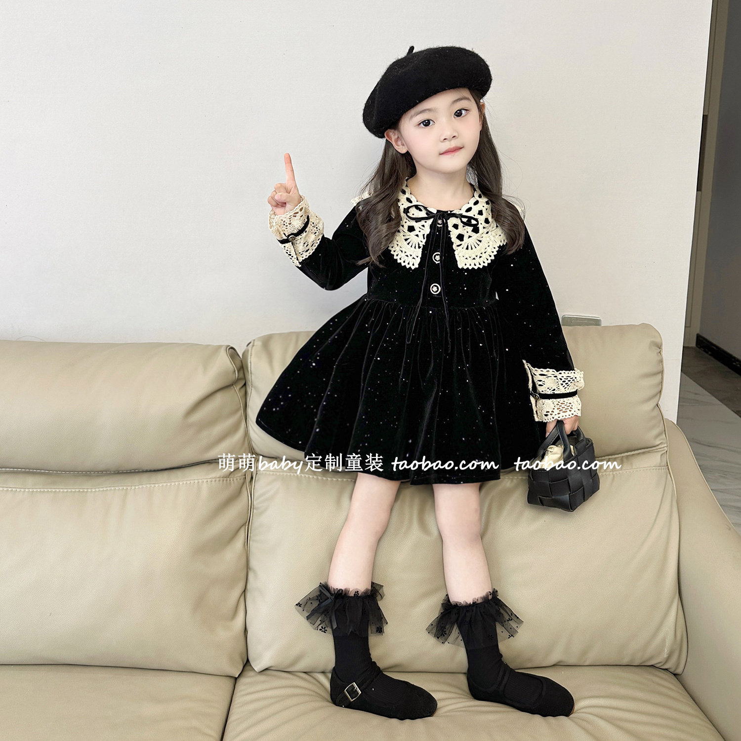 女童加绒闪闪丝绒连衣裙2025秋冬新款儿童宝宝韩版花边领气质裙子,淘宝优惠券,粉丝福利购,淘宝优惠卷