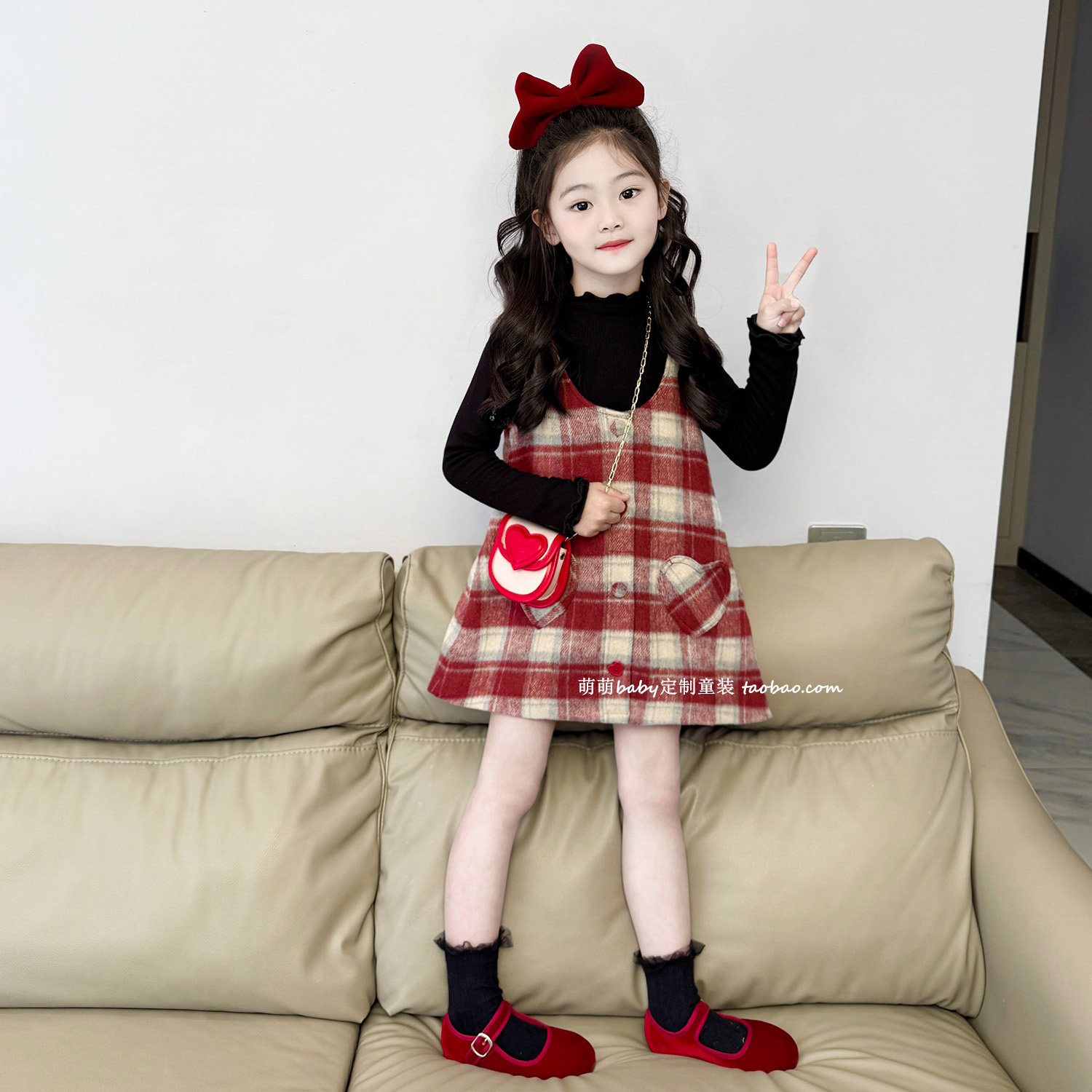 女童红色格子夹棉背心裙圣诞新年连衣裙2025冬季新款小女孩公主裙,淘宝优惠券,粉丝福利购,淘宝优惠卷