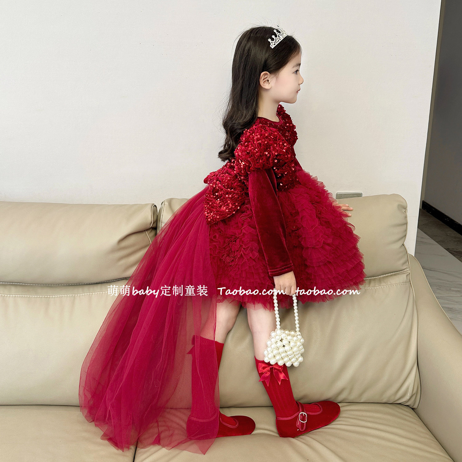 女童加绒网纱蛋糕裙圣诞裙2025秋冬女孩红色蝴蝶结亮片蓬蓬公主裙,淘宝优惠券,粉丝福利购,淘宝优惠卷