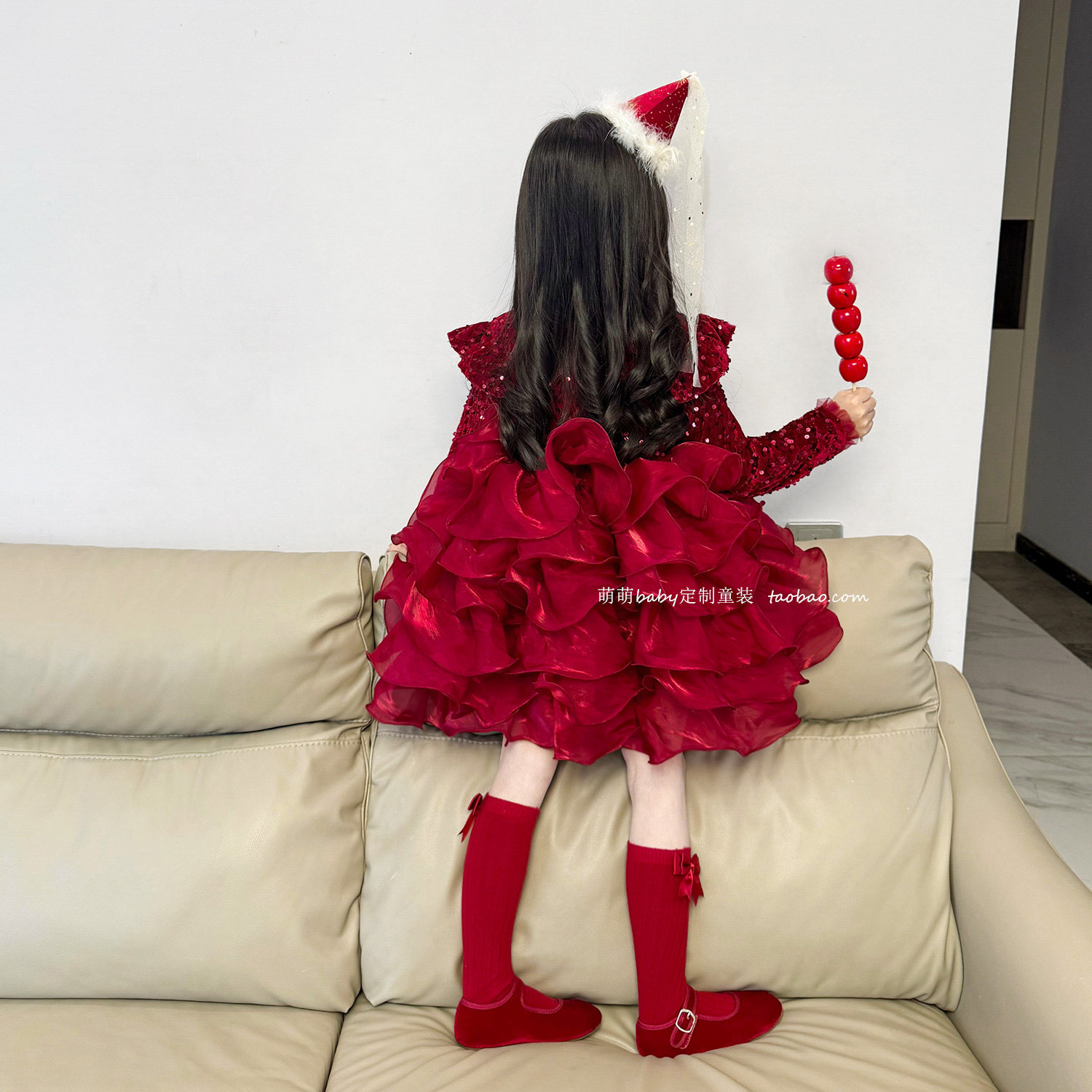 女童加绒红色亮片网纱蓬蓬公主裙2025冬季小女孩气质连衣裙拜年服,淘宝优惠券,粉丝福利购,淘宝优惠卷