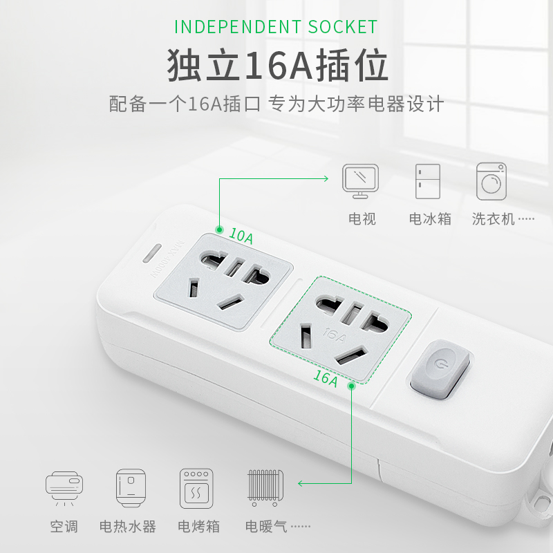 全铜正品空调专用插座热水器电磁炉大功率10A转16A安排插拖接线板 - 图1