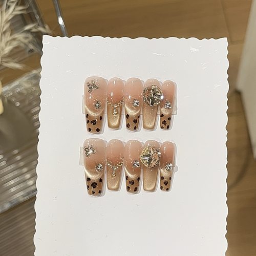 浪妞美甲贴原野焦糖千金风爆闪金棕色豹纹微笑猫眼显白K9钻穿戴甲 - 图3