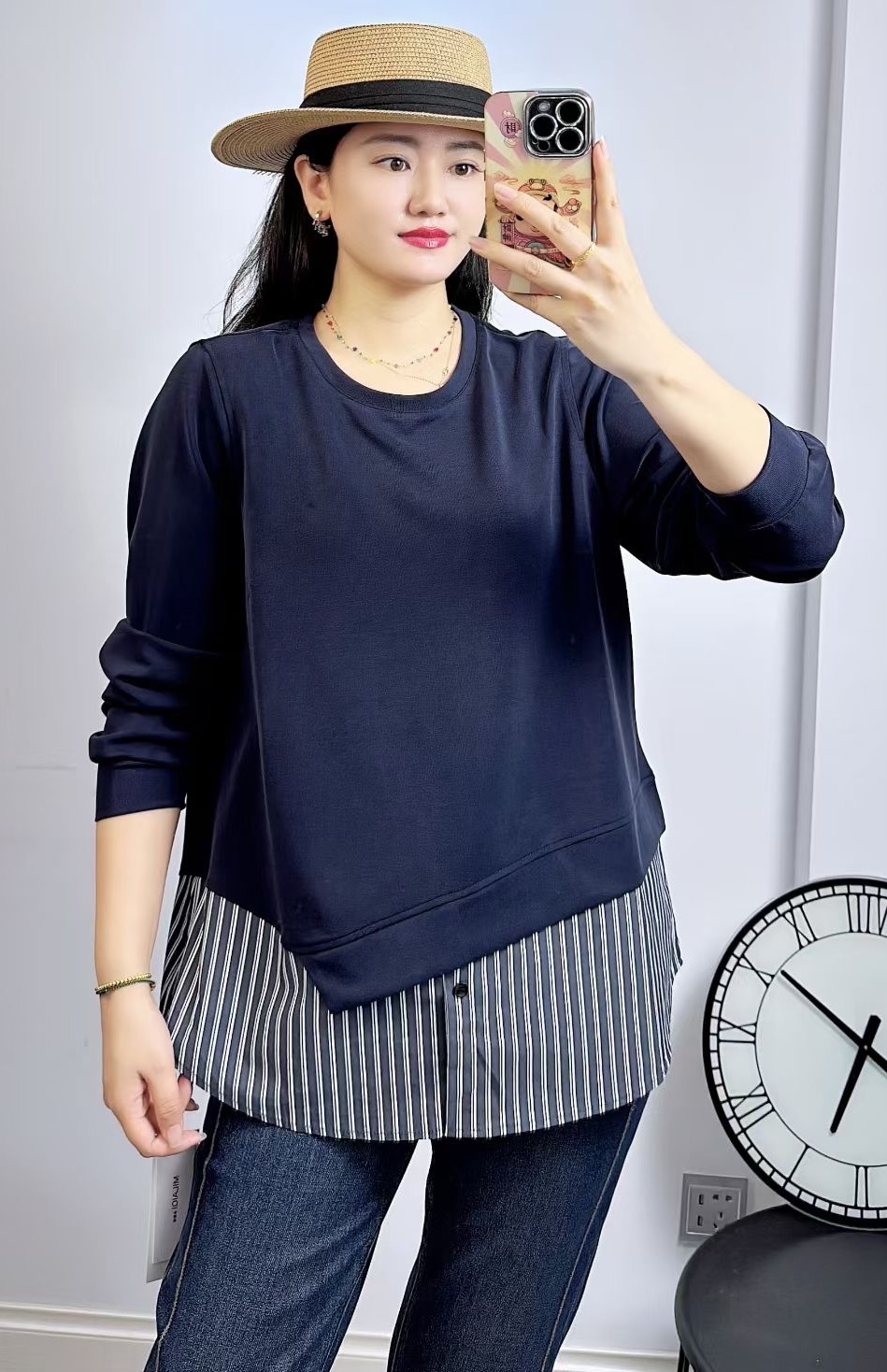 米莱奇5809秋加大码卫衣 假两件拼接宽松遮肚百搭长袖打底衫 - 图0